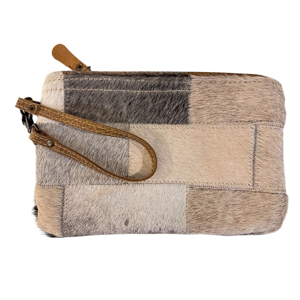Myra Bag Wristlet Clutch Leather Cowhide Hair Patchwork Zip Close with Strap 9" - Picture 1 of 10
